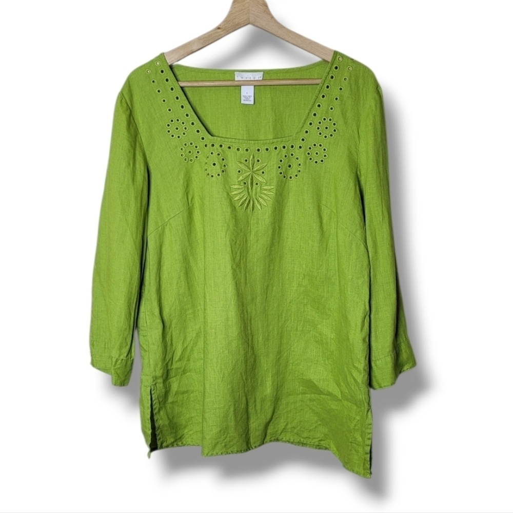 Tweeds Green Linen Embroidered Top - Large